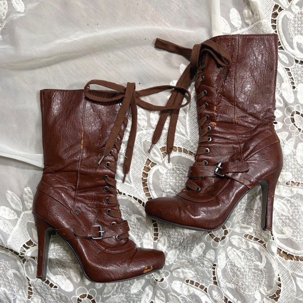 Vintage Victorian Brown Lace Up Buckle Stiletto Boots Mid Calf Punk Rock 6.5 M